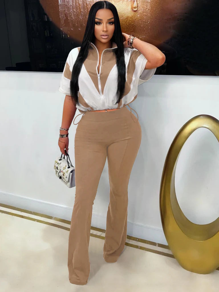 Two-Piece Zip-Up Crop Windbreaker and Flared Pants Set