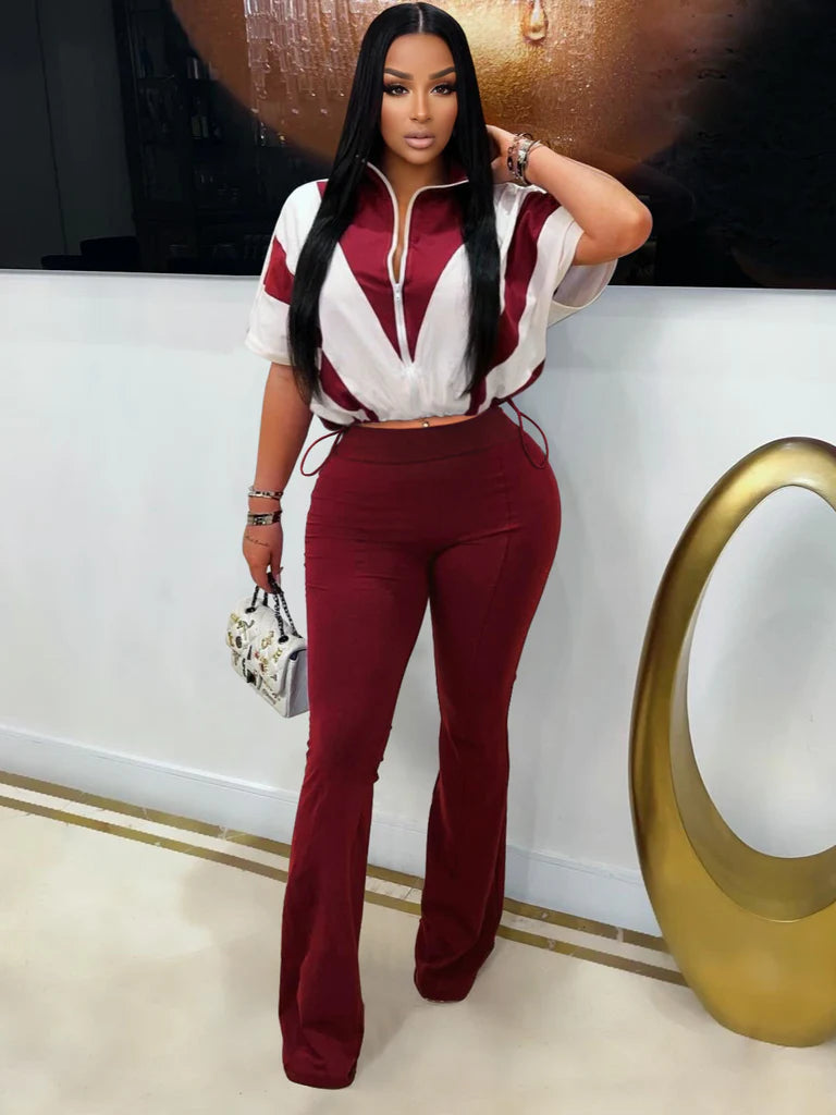 Two-Piece Zip-Up Crop Windbreaker and Flared Pants Set