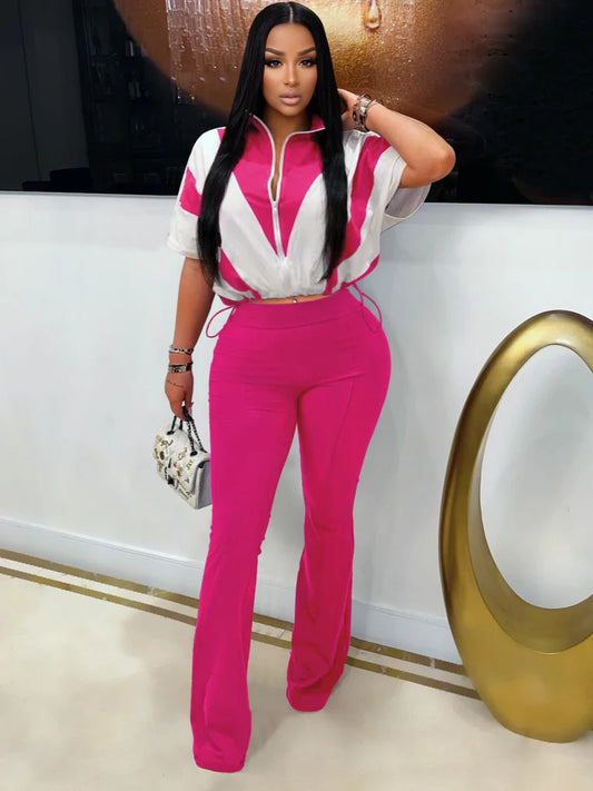 Two-Piece Zip-Up Crop Windbreaker and Flared Pants Set