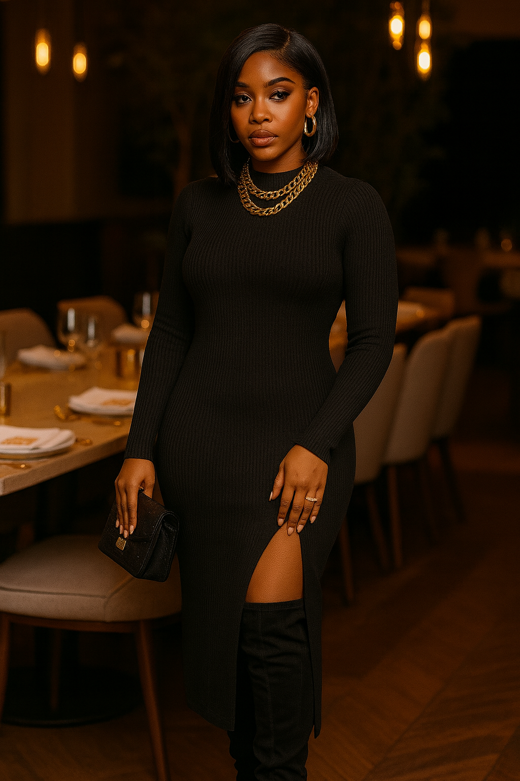 Chic After Dark” Ribbed Slit Dress