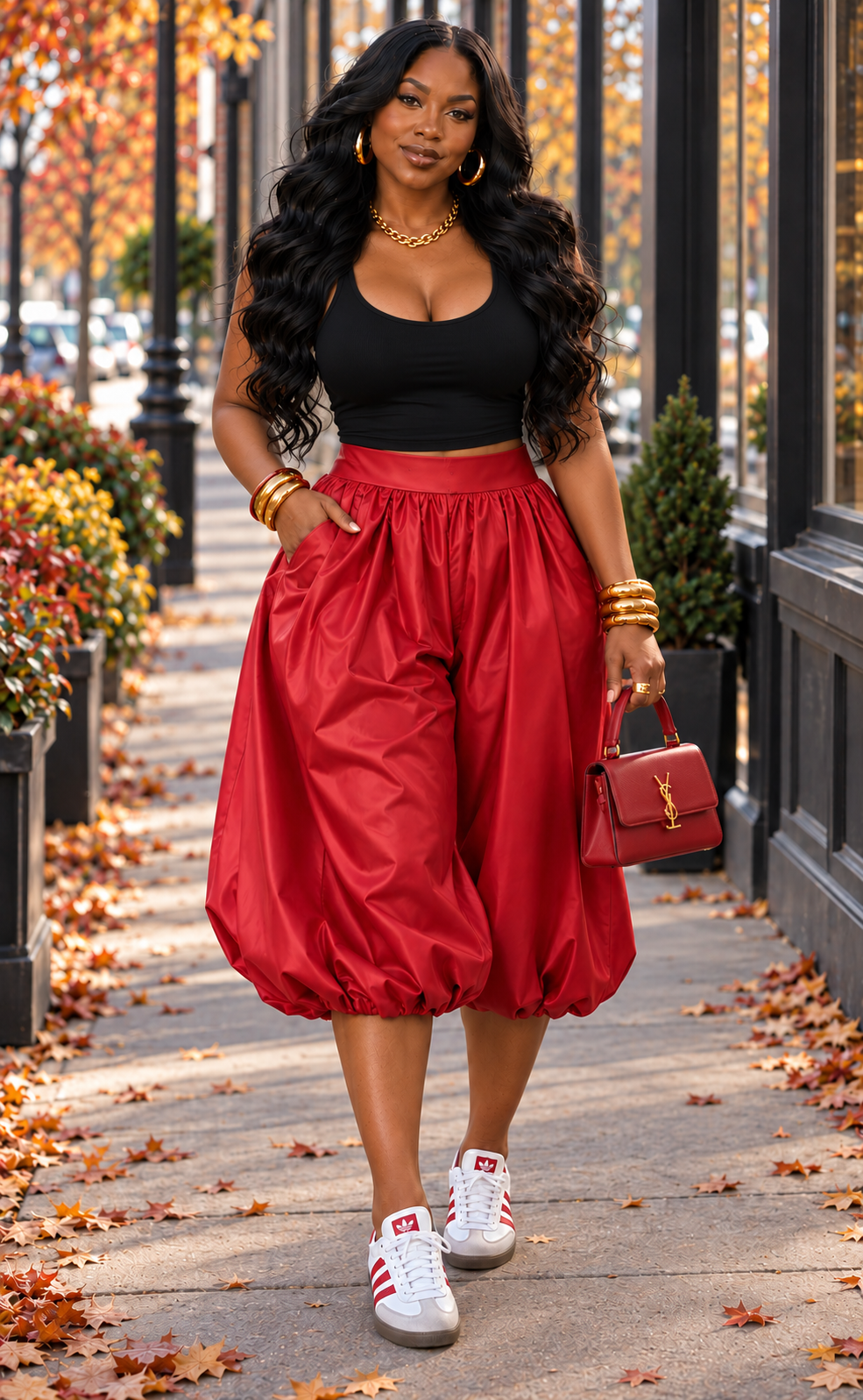 FAUX PU WIDE BUBBLE HEM CAPRI PANTS