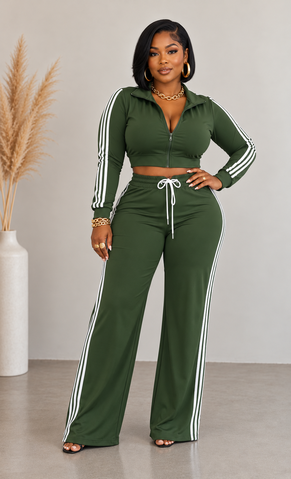 SIDE STRIPED ZIP UP TOP & PANTS SET