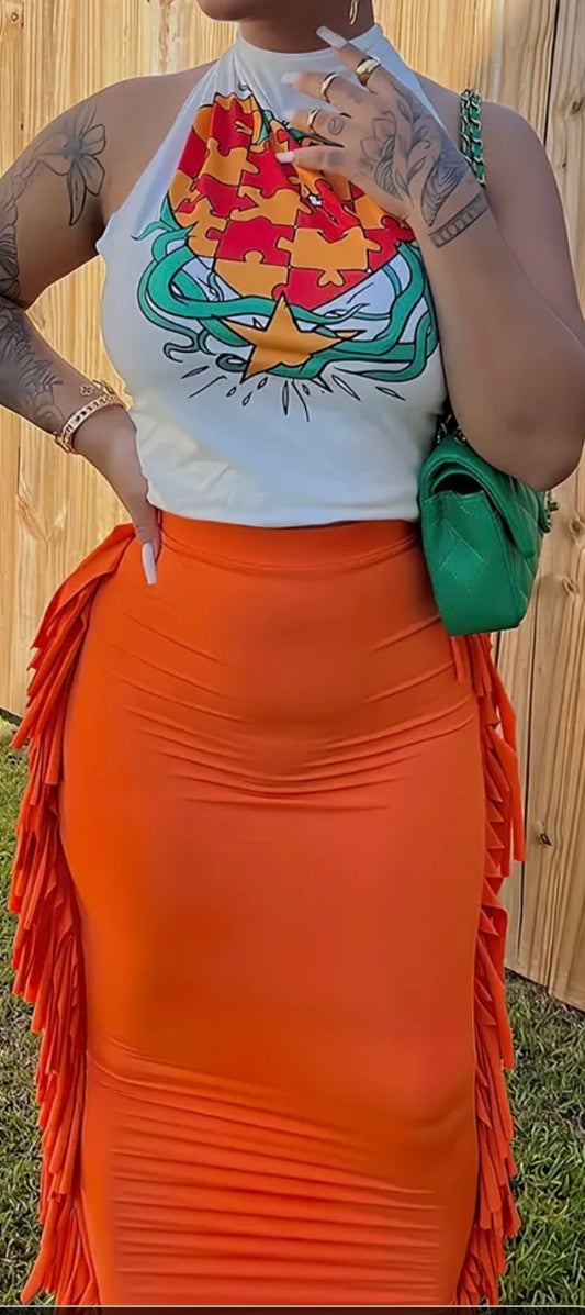Orange Fringe Skirt Set