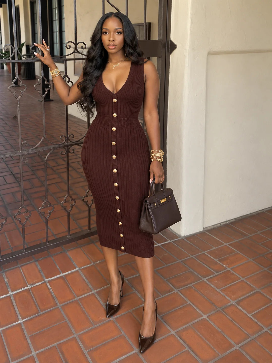 Sleeveless Gold Button Dress