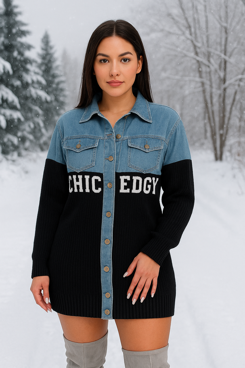 ✨ Chic Edge Denim-Knit Sweater jacket ✨